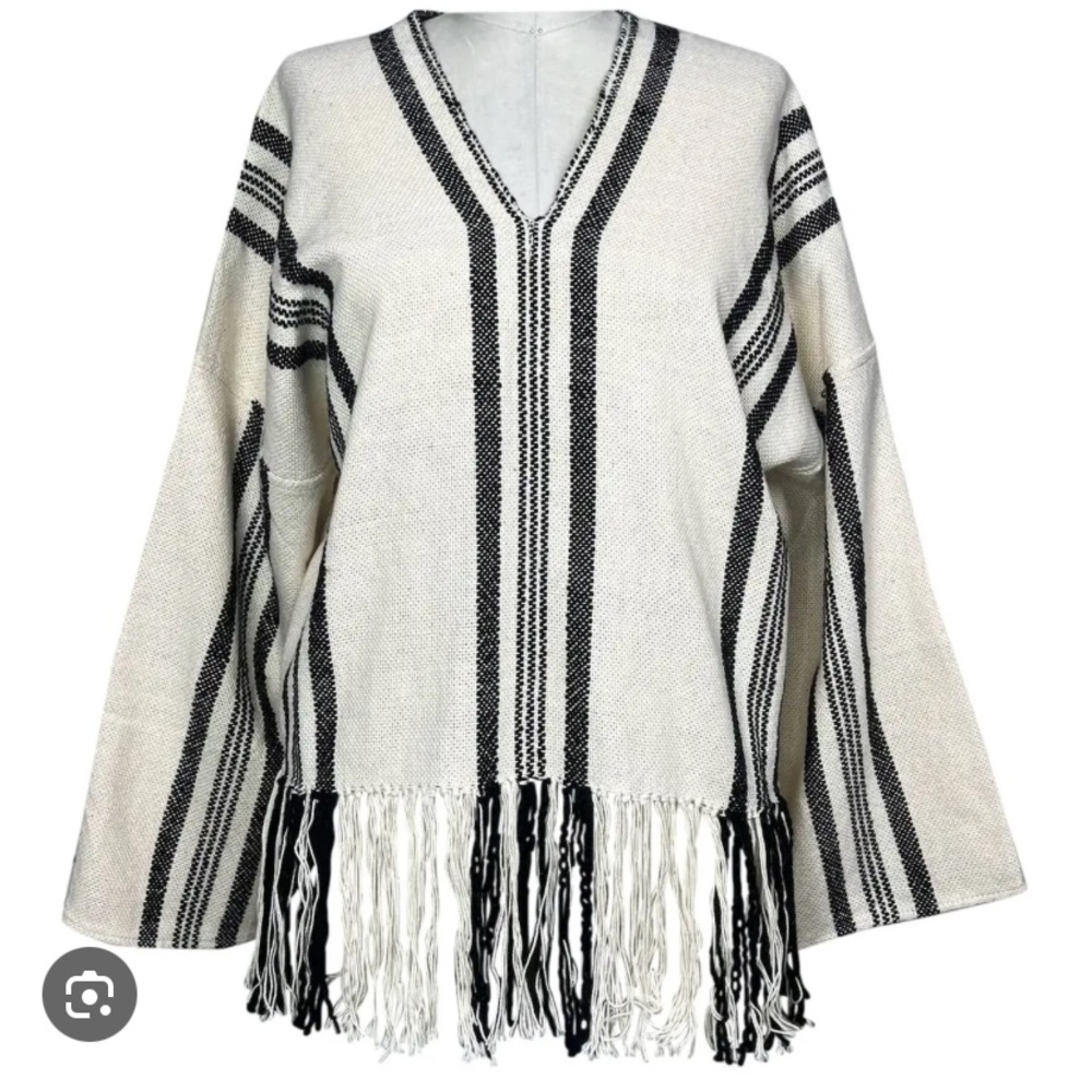 Apiece Apart Small Amelia Poncho Sweater Fringe Woven Stripes Black Cream Knit S
